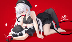 2girls absurdres angel_girl_(shimmer) bare_shoulders barefoot beret biting_another&#039;s_tail black-haired_demon_girl_(shimmer) black_dress black_gloves black_hair black_hat black_pantyhose blue_eyes bound bound_wrists breasts cleavage demon_tail dress gloves halo hat heart highres large_breasts long_hair lying maid maid_headdress multiple_girls no_shoes on_back original pantyhose puffy_short_sleeves puffy_sleeves red_background red_gloves shimmer short_sleeves signature simple_background small_breasts tail tongue tongue_out trembling very_long_hair white_hair yuri