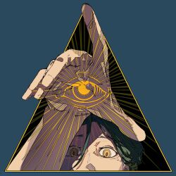 Rule 34 | 1boy, arm up, blue background, commentary request, disembodied eye, eye of providence, green hair, hair between eyes, highres, looking at viewer, male focus, meguriya ayumu, portrait, shikishima (3jikaika), short hair, solo, toshi densetsu kaitai center, triangle, yellow eyes