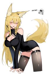 1girl absurdres animal_ears arknights bare_shoulders black_garter_belt black_panties black_sweater black_thighhighs blonde_hair breasts cleavage cleavage_cutout clothing_cutout commentary doctor_(arknights) earrings english_commentary facial_scar fox_ears fox_girl fox_tail garter_belt highres implied_extra_ears indonesian_commentary jewelry khrnnfz large_breasts lingerie lips long_hair mixed-language_commentary off-shoulder_sweater off_shoulder panties scar scar_on_cheek scar_on_face solo sweater tail thighhighs turtleneck turtleneck_sweater underwear vulpisfoglia_(arknights) yellow_eyes