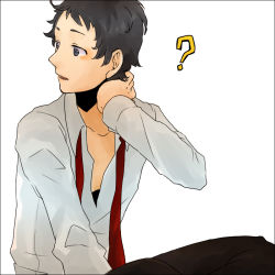 1boy ? adachi_tooru atlus az0212 bad_id bad_pixiv_id black_eyes black_hair male_focus necktie persona persona_4 simple_background solo white_background