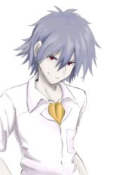 1boy breast_pocket collarbone collared_shirt commentary_request evangelion:_3.0+1.0_thrice_upon_a_time evangelion:_3.0_you_can_(not)_redo hair_between_eyes highres looking_at_viewer nagisa_kaworu neon_genesis_evangelion nose pepe_(jonasan) pocket rebuild_of_evangelion red_eyes shirt short_hair short_sleeves simple_background smile solo white_background white_hair white_shirt