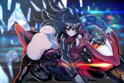 1girl absurdres ass black_boots blue_eyes blue_hair boots breasts commentary_request cws1122uu floating_hair glass_shards gloves highleg highleg_leotard highres korean_commentary large_breasts leotard light_trail long_hair long_sleeves motion_blur motor_vehicle motorcycle original riding shrug_(clothing) solo thigh_boots thong_leotard v-shaped_eyebrows very_long_hair white_gloves white_leotard