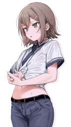 Rule 34 | 1boy, baka to test to shoukanjuu, brown hair, green eyes, hair ornament, hairclip, highres, kinoshita hideyoshi, male focus, midriff, navel, necktie, pants, school uniform, shirt, short hair, short sleeves, solo, takio (kani sama), trap, wet, wet clothes, wet shirt