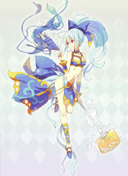 1girl ahoge albino ankle_cuffs bad_id bad_pixiv_id belt bikini blue_hair blue_ribbon blue_sea_dragon bow breasts bubble choker dancer_outfit dragon ebira female_focus fins fish hammer long_hair meru_(dragoon) navel pointing ponytail red_eyes regole ribbon shoes smile solo swimsuit the_legend_of_dragoon water weapon white_hair wingly wrist_cuffs