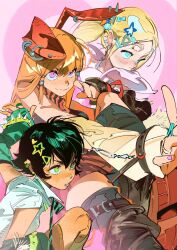 Rule 34 | 3girls, animal ear hairband, animal ear piercing, animal ears, atie1225, bare shoulders, black hair, black necktie, blonde hair, blossom (ppg), blue eyes, blush, breasts, bright pupils, bubbles (ppg), buttercup (ppg), closed mouth, collared shirt, commentary, detached sleeves, ear piercing, earrings, fake animal ears, fingernails, green eyes, green hair, green necktie, green sleeves, hair ornament, hairband, hairclip, heart, highres, jewelry, long hair, looking ahead, multicolored hair, multiple girls, nail polish, necktie, orange hair, parted lips, piercing, pink background, pink eyes, pink nails, powerpuff girls, rabbit ear hairband, rabbit ears, red hairband, ring, shirt, short sleeves, siblings, sisters, small breasts, star (symbol), star hair ornament, symbol-only commentary, teeth, twintails, two-tone hair, two-tone necktie, white pupils, white shirt, white sleeves