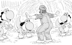 1boy bb_(baalbuddy) boots chris_pratt commentary cosplay english_commentary facial_hair facing_away from_behind gloves greyscale hat highres jurassic_world male_focus mario mario_(cosplay) mario_(series) meme monochrome mustache nintendo outstretched_arms overalls parody prattkeeping_(meme) shirt spread_arms the_super_mario_bros._movie the_super_mario_bros._movie yoshi