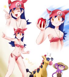 1girl absurdres aipom bandana bikini blue_hair breasts flatpancakesjim gen_2_pokemon girafarig highres lisa_(pokemon) long_hair medium_breasts multiple_views nintendo pokemon pokemon_(anime) pokemon_(classic_anime) pokemon_3:_the_movie_-_spell_of_the_unown:_entei simple_background smile sunglasses swimsuit yellow_eyes