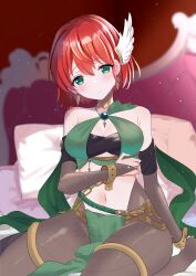 absurdres azusa_(azchemist63) bridal_gauntlets bridal_legwear closed_mouth commission cosplay dancer dorothea_arnault dorothea_arnault_(plegian) dorothea_arnault_(plegian)_(cosplay) fire_emblem fire_emblem:_the_blazing_blade gold_collar green_eyes hair_ornament harem_outfit highres nintendo pelvic_curtain priscilla_(fire_emblem) red_hair skeb_commission thigh_ring wing_hair_ornament