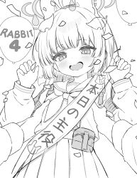 1girl animal_ears birthday_sash blue_archive confetti fake_animal_ears greyscale halo highres kohaku_rinne lineart miyu_(blue_archive) monochrome neckerchief sash sketch skirt solo_focus