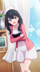 1girl :d black_hair blue_eyes breast_pocket clipboard curtains day dress feet_out_of_frame flower game_cg gridman_universe hat highres holding holding_clipboard indoors jacket leaning_forward long_hair long_sleeves looking_at_viewer nurse nurse_cap official_art open_mouth pen pigeon-toed pink_jacket pocket smile solo ssss.gridman takarada_rikka third-party_source vase white_dress white_hat window
