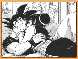Rule 34 | 1boy, 1girl, bare arms, bed, bedroom, between legs, biceps, black hair, black shirt, black skirt, blunt bangs, border, bracelet, chi-chi (dragon ball), chi (cmon 57), closed mouth, cloud, cloudy sky, collarbone, commentary request, couple, crop top, curtains, double-parted bangs, dragon ball, dragonball z, eye contact, face-to-face, fingernails, flustered, from behind, greyscale, hair bun, hand on another&#039;s cheek, hand on another&#039;s face, hand up, hands on another&#039;s back, hands on another&#039;s waist, happy, hetero, husband and wife, indoors, jewelry, light blush, long skirt, looking at another, lying, lying on person, midriff peek, monochrome, muscular, muscular male, nervous, obi, on back, on bed, open window, orange border, pants, partially colored, plant, potted plant, profile, sash, shirt, short sleeves, side slit, sidelocks, single hair bun, skirt, sky, smile, son goku, spiked hair, spread legs, tree, wide-eyed, window, wispy bangs, wristband