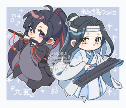 2boys ahoge black_hair black_hanfu blush border chibi chibi_only chinese_clothes closed_mouth dated dizi flute flute_tassel full_body guqin hair_between_eyes hair_ribbon hanfu headband high_ponytail holding holding_flute holding_instrument instrument kimako_(kimako_8) lan_wangji long_hair long_sleeves looking_at_another looking_at_viewer male_focus modao_zushi multiple_boys music musical_note outside_border playing_flute playing_instrument ponytail purple_eyes red_ribbon ribbon robe sash sidelocks sleeves_past_wrists smile sparkle tassel topknot transverse_flute twitter_username watermark wei_wuxian white_border white_hanfu white_headband wide_sleeves xiao_guan_(headdress) yellow_eyes