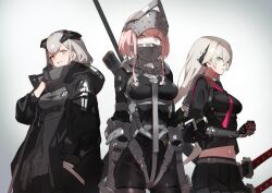 Rule 34 | 3girls, a-z b (neco), also sprach zarathustra (neco), arm up, b (neco), belt, black hoodie, bodysuit, center-flap bangs, covered mouth, cropped legs, cropped shirt, falslander, gloves, gradient background, green eyes, grey background, grey hair, hair ornament, hand in pocket, heavily armed high school girls, helmet, highres, hood, hoodie, ichi (heavily armed high school girls), ichi (neco), iris (neco), jacket, katana, lanze reiter (neco), long hair, long sidelocks, midriff, multiple girls, navel, necktie, neco, open clothes, open jacket, pink eyes, pink hair, pleated skirt, polearm, red necktie, sailor collar, sailor shirt, shirt, short hair, sidelocks, skirt, standing, sweater, sword, turtleneck, turtleneck sweater, vambraces, weapon