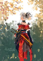 1girl back branch detached_sleeves dongfang_shuo fate/grand_order fate_(series) from_behind grey_hair highres japanese_clothes katana kimono miyamoto_musashi_(fate) ponytail solo sword weapon