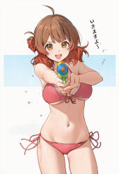 2girls ahoge aiming aiming_at_viewer bikini breasts brown_eyes brown_hair cowboy_shot front-tie_bikini_top front-tie_top gakuen_idolmaster gradient_hair hair_bun hanami_ume highres idolmaster itsuki050605 large_breasts looking_at_viewer multicolored_hair multiple_girls navel open_mouth red_bikini short_hair side-tie_bikini_bottom single_side_bun smile swimsuit two_side_up water_gun