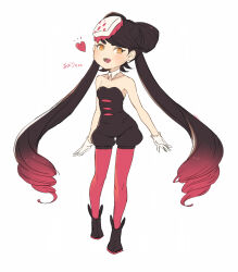 1girl ankle_boots bare_shoulders black_boots black_hair black_jumpsuit boots bow-shaped_hair breasts callie_(splatoon) callie_(squid_sisters_outfit)_(splatoon) cleavage collar collarbone commentary_request contrapposto coula_cat cross-shaped_pupils detached_collar dot_nose earrings fangs floating_hair full_body gloves gradient_hair grin head_tilt heart highres humanization jewelry jumpsuit light_blush long_eyelashes long_hair looking_at_viewer low_drills multicolored_hair nintendo notice_lines pantyhose pink_hair pink_pantyhose short_jumpsuit signature small_breasts smile solo splatoon_(series) splatoon_1 standing standing_on_one_leg strapless_jumpsuit swept_bangs symbol-shaped_pupils thick_eyebrows thick_eyelashes translation_request two-tone_hair very_long_hair white_background white_collar white_gloves yellow_eyes