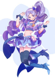 1girl aono_miki blue_background blue_boots blue_bow blue_choker blue_eyes blue_shirt blue_skirt blue_theme boots bow brooch choker clenched_hand clover clover_brooch crop_top cross-laced_clothes cross-laced_skirt cure_berry dot_nose drill_hair earrings eyelashes four-leaf_clover fresh_precure! frilled_shirt frilled_skirt frilled_sleeves frills full_body hair_ornament hairband happy heart heart_earrings heart_hair_ornament high_heel_boots high_heels high_side_ponytail jewelry jumping knee_boots light_blush long_hair magical_girl midriff miniskirt navel open_mouth pleated_skirt precure puffy_short_sleeves puffy_sleeves purple_hair ribbon-trimmed_shirt ribbon_trim serizawa_serizane shirt short_sleeves skirt smile solo square_neckline twitter_username two-tone_background very_long_hair waist_bag waist_bow white_background white_bag white_hairband wrist_bow wristband