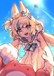 1girl :d ahoge animal_ear_fluff animal_ears blonde_hair blue_eyes blue_hair blue_sky blue_streaks blunt_bangs cat_ears commentary crab day dress fang fangs fish fish_girl highres holding_seashell indie_virtual_youtuber innertube_hair_ornament lens_flare lifebuoy_hair_ornament long_hair low_twintails multicolored_hair naekam open_mouth outdoors paper_boat sameko_saba sky sleeveless smile solo streaked_hair sun twintails very_long_hair virtual_youtuber white_dress