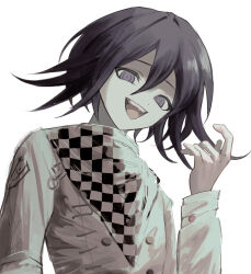 1boy :d arm_belt black_hair buttons checkered_clothes checkered_scarf danganronpa_(series) danganronpa_v3:_killing_harmony double-breasted flipped_hair grey_jacket hair_between_eyes hand_up jacket long_sleeves looking_at_viewer male_focus medium_hair muted_color oma_kokichi open_mouth pink_eyes purple_eyes purple_hair scarf sidelighting simple_background smile solo sukizukiko teeth two-tone_scarf upper_body upper_teeth_only white_background white_jacket