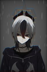 1girl black_choker black_hair black_hoodie black_horns blue_archive choker closed_mouth collarbone commentary demon_horns ear_piercing grey_background grey_hair hair_down highres hood hood_down hoodie horns kayoko_(blue_archive) looking_to_the_side medium_hair mole mole_on_shoulder piercing rain shaded_face shi_draco solo