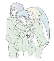 1girl 2boys 97ttwwaazz absurdres avalona blonde_hair blue_eyes blue_hair boy_sandwich cowboy_shot gakuran genderswap genderswap_(ftm) genderswap_(mtf) green_serafuku hat highres hug multiple_boys one_eye_closed purple_hair randal&#039;s_friends sandwiched school_uniform serafuku short_hair simple_background skirt spider_girl_(randal&#039;s_friends) tsukada_satoru white_background