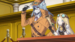 1boy 1girl ace_attorney animal_ears belt black_gloves black_souls black_souls_2 blonde_hair blue_eyes blue_hair blush bow brown_belt brown_gloves closed_mouth coat collared_shirt cosplay dress edith_(black_souls) fingerless_gloves frills gloves goggles goggles_on_head goggles_on_headwear gun hand_on_own_face hand_on_own_hip hand_up hat herlock_sholmes herlock_sholmes_(cosplay) highres holding holding_gun holding_weapon iris_wilson iris_wilson_(cosplay) jack_(black_souls) mu_blood orange_coat orange_hat pink_bow puffy_short_sleeves puffy_sleeves shirt short_sleeves smile the_great_ace_attorney weapon white_shirt yellow_bow
