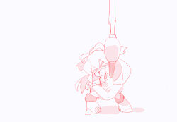Rule 34 | &gt; &lt;, 1girl, arm cannon, arm up, chibi, dress, full body, greyscale, high ponytail, kaidou zx, long hair, mega man: powered up, mega man (classic), mega man (series), monochrome, outline, ponytail, red outline, red theme, roll (mega man), simple background, sketch, solo, weapon, white background