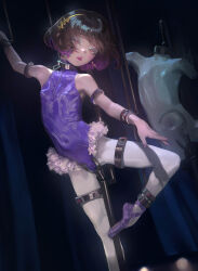1=2 anal anal_object_insertion ballet ballet_slippers bare_shoulders black_hair breasts collar covered_navel highres leotard loli medium_hair object_insertion one_bar_prison original pantyhose pink_eyes restrained small_breasts stationary_restraints white_pantyhose