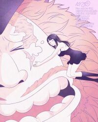 1boy 1girl 321 2024 ^_^ artist_name bare_arms bare_shoulders beard black_boots black_dress black_hair blunt_bangs boots closed_eyes commentary_request crying dated dress facial_hair giant highres hug jaguar_d._saul laughing long_hair nico_robin nico_robin_(elbaf) one_piece open_mouth orange_hair round_eyewear scar scar_on_face tears twitter_username watermark
