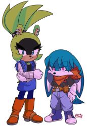 1boy 1girl alternate_costume android_17 android_17_(cosplay) android_18 android_18_(cosplay) animal_ear_piercing bandana belt black_pantyhose black_shirt blue_eyes blue_footwear blue_pants blue_skirt blue_vest boots brown_belt cosplay crossed_arms denim_vest dragon_ball dragonball_z full_body furry furry_female furry_male gloves heartludwig highres kitsunami_the_fennec layered_sleeves long_sleeves looking_at_viewer open_clothes open_vest orange_bandana orange_boots pants pantyhose purple_eyes shirt shoes short_over_long_sleeves short_sleeves simple_background skirt sonic_(series) sonic_the_hedgehog_(idw) surge_the_tenrec vest white_background white_gloves white_sleeves