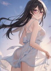 1girl absurdres ass bare_shoulders black_hair blue_sky blush breasts choker cloud cloudy_sky commentary_request day dress earrings from_behind highres jewelry large_breasts long_hair looking_at_viewer looking_back mochiko_(uyu_omochi) open_mouth original outdoors panties pink_panties red_eyes see-through_clothes see-through_dress shoulder_blades skirt_hold sky sleeveless sleeveless_dress solo standing sundress underwear wet wet_clothes wet_dress white_choker white_dress