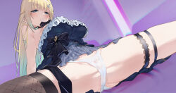 1girl absurdres aizawa_ema aizawa_ema_(1st_costume) arm_support bare_shoulders blonde_hair blue_eyes blush breasts dress ga/ddd gradient_hair green_hair highres large_breasts long_hair looking_at_viewer multicolored_hair panties solo spread_legs thigh_strap underwear very_long_hair virtual_youtuber vspo! white_panties