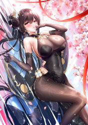 1girl azur_lane bare_shoulders black_dress black_flower black_gloves black_hair blush bodystocking branch breasts brown_pantyhose chen_hai_(azur_lane) chen_hai_(vestibule_of_wonders)_(azur_lane) cherry_blossoms china_dress chinese_clothes chinese_commentary cleavage commentary_request covered_navel covering_own_mouth dress dutch_angle elbow_gloves falling_petals flower gloves gold_trim hair_between_eyes hair_flower hair_ornament hair_spread_out halter_dress halterneck hand_up highres holding holding_flower knee_up large_breasts light_particles long_hair looking_at_viewer lying official_alternate_costume on_back pantyhose pelvic_curtain petals pink_petals print_dress purple_eyes red_ribbon ribbon sideboob sidelocks silveroid solo sparkle thighs very_long_hair water wet