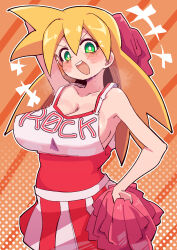 Rule 34 | 1girl, absurdres, bare shoulders, blonde hair, blush, breasts, breath, buzzlyears, cheerleader, cleavage, cowboy shot, green eyes, highres, large breasts, mega man (series), mega man legends (series), open mouth, orange background, pom pom (cheerleading), print shirt, red shirt, red skirt, roll caskett (mega man), shirt, simple background, skirt, solo, two-tone shirt, two-tone skirt, white shirt, white skirt
