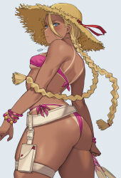 1girl ass bare_shoulders blonde_hair blue_eyes blush braid breasts cammy_white dark-skinned_female dark_skin facial_scar hai_ookami hat highres long_hair looking_at_viewer medium_breasts scar scar_on_cheek scar_on_face solo straw_hat street_fighter street_fighter_6 tan tanline thighs twin_braids