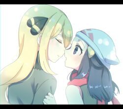 2girls age_difference black_eyes black_hair black_shirt blonde_hair closed_eyes closed_mouth cynthia_(pokemon) dawn_(pokemon) hair_ornament hairclip hat imminent_kiss long_hair looking_at_another multiple_girls natsuha_(728_24) nintendo open_mouth pokemon pokemon_dppt red_scarf scarf shirt sleeveless sleeveless_shirt white_hat yuri