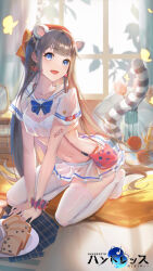 Rule 34 | 1girl, all fours, animal ears, artist request, bag, black hair, blue eyes, bra, check artist, crop top, fake animal ears, hat, highres, hundredth: match 3, long hair, looking at viewer, midriff, miniskirt, navel, no shoes, official art, open mouth, pleated skirt, red hat, sailor collar, school uniform, see-through clothes, see-through shirt, see-through skirt, serafuku, shirt, short sleeves, shoulder bag, skirt, smile, solo, stomach, tail, thighhighs, underwear, very long hair, white bra, white shirt, white skirt, white thighhighs, yizhibao