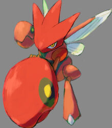 animal_focus bishamon_(usagi_ba) claws closed_mouth colored_skin commentary_request creatures_(company) fighting_stance full_body game_freak gen_2_pokemon grey_background highres looking_at_viewer nintendo no_humans pincers pokemon pokemon_(creature) pokemon_focus red_skin scizor simple_background solo wings yellow_eyes