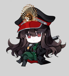 1girl black_coat black_hair black_hat black_shoes chibi closed_mouth coat crossed_legs fate/grand_order fate_(series) green_jacket green_pants gun hat highres holding holding_gun holding_weapon jacket long_hair looking_at_viewer oda_nobunaga_(fate) oda_nobunaga_(koha-ace) oda_uri open_clothes open_coat over_shoulder pants peaked_cap red_eyes shoes simple_background solo weapon weapon_over_shoulder xixing_chun