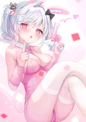 1girl absurdres animal_ears arm_warmers bare_shoulders black_bow blush bow bowtie breasts cleavage covered_navel detached_collar fake_animal_ears gun hair_between_eyes hair_bow hair_ornament highres holding holding_gun holding_weapon kabashima_hana large_breasts leotard looking_at_viewer navel open_mouth original pink_bow pink_bowtie pink_eyes pink_leotard playboy_bunny rabbit_ears solo thighhighs weapon white_hair white_thighhighs