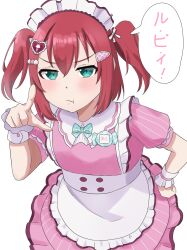 1girl :t absurdres ai_scream!_(love_live!) amano_lier apron aqua_eyes blush closed_mouth commentary_request cowboy_shot dress flat_chest frilled_apron frills frown hair_ornament heart heart_hair_ornament highres kurosawa_ruby looking_at_viewer love_live! love_live!_sunshine!! maid maid_headdress name_tag official_alternate_costume pink_dress pinstripe_sleeves pointing pointing_at_viewer puffy_short_sleeves puffy_sleeves red_hair short_dress short_sleeves simple_background solo speech_bubble translation_request v-shaped_eyebrows waist_apron white_apron white_background