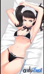 Rule 34 | 1girl, armpits, arms up, bikini, black bikini, black hair, blysill, breasts, brown eyes, choker, cowboy shot, eyelashes, frilled bikini, frilled choker, frills, from above, grey background, highres, indoors, kawakami sadayo, large breasts, lips, logo parody, looking to the side, maid headdress, micro bikini, on bed, parted lips, persona, persona 5, pillow, solo, swept bangs, swimsuit, thighs, twintails, white choker