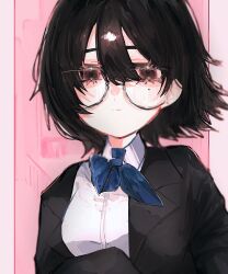 1girl artist_request black_hair expressionless glasses looking_at_viewer mole short_hair tagme