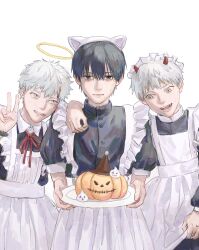 2boys alternate_costume angel_and_devil apron black_dress black_eyes black_hair blood blood_on_face cl3oud clone crossdressing crossdressing_(mtf) dress enmaided grey_eyes hair_between_eyes halo hashtag-only_commentary highres hikaru_(hikaru_ga_shinda_natsu) hikaru_ga_shinda_natsu holding holding_plate horns looking_at_another looking_at_object looking_at_viewer maid maid_apron maid_headdress male_focus male_maid mole mole_on_cheek mole_on_neck mole_under_eye mole_under_mouth multiple_boys multiple_moles plate pumpkin red_horns short_hair traditional_halo tsujinaka_yoshiki upper_body v white_apron white_hair yellow_halo