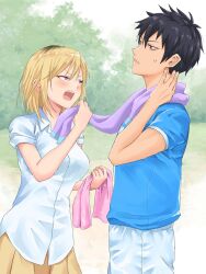 Rule 34 | 1boy, 1girl, bags under eyes, black hair, blonde hair, blue shirt, blush, collared shirt, cowboy shot, delinquent, earrings, heart, heart print, hetero, highres, holding, holding towel, jewelry, kuroki tomoki, medium hair, multicolored hair, okiru, open mouth, outdoors, parted lips, pleated skirt, print towel, profile, purple eyes, roots (hair), school uniform, shirt, short sleeves, skirt, sleeves rolled up, small sweatdrop, spiked hair, sportswear, teeth, towel, towel around neck, untucked shirt, upper teeth only, v-shaped eyebrows, watashi ga motenai no wa dou kangaetemo omaera ga warui!, yellow skirt, yoshida masaki