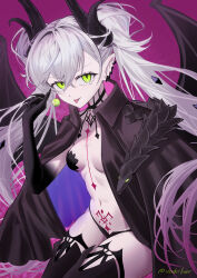1girl absurdres atenderliver black_cloak black_hands black_panties black_thighhighs body_markings breasts candy choker cloak colored_extremities crossed_bangs demon_girl demon_horns demon_wings ear_piercing fate/grand_order fate_(series) food green_eyes grey_hair hair_between_eyes highres horns lilith_(fate) lilith_(second_ascension)_(fate) lollipop long_hair looking_at_viewer medium_breasts navel panties piercing pointy_ears smile solo stomach_tattoo tattoo thighhighs thighs tongue tongue_out twintails underwear very_long_hair wings