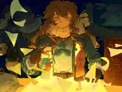 Rule 34 | 2girls, absurdres, black hair, black skirt, blue background, blue coat, blue eyes, blue neckerchief, book, brown coat, brown gloves, brown hair, coat, dress, face-to-face, flying paper, gloves, glowing, glowing book, greta hofmann, grey hat, hat, highres, lantern, lighthouse, long hair, long skirt, looking at another, looking down, marcus (reverse:1999), mini person, minigirl, multiple girls, multiple views, neckerchief, newsboy cap, open book, paper, reverse:1999, rinmaker, scarf, skirt, standing, unworn hat, unworn headwear, white dress, white scarf