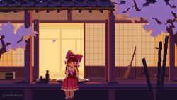 1girl adapted_costume animated animated_gif arm_support artist_name ascot bamboo barefoot bottle broom brown_hair cherry_blossoms closed_eyes commentary detached_sleeves english_commentary hair_ribbon hair_tubes hakurei_reimu hakurei_shrine headphones long_hair looping_animation night on_floor open_door outdoors pixel_art purple_ascot red_ribbon red_skirt red_vest ribbon sake_bottle sitting skirt skirt_set solo swinging_legs touhou vest white_sleeves zahranworrell