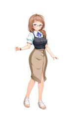 1girl braid breasts brown_eyes brown_hair brown_skirt full_body glasses hair_over_shoulder highres kamitsurugi_ouka kouyoku_senki_exs-tia_concert kunijima_chiaki long_hair long_skirt looking_at_viewer official_art red_eyes sandals shirt short_sleeves single_braid skirt smile solo standing transparent_background watch white_shirt wristwatch