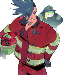 2boys blue_hair eyes_visible_through_hair galo_thymos gloves green_hair grin hand_on_own_hip helmet highres holding holding_helmet jacket km_(ksolee1201) lio_fotia male_focus mohawk multiple_boys pants promare red_jacket red_pants shirt short_hair simple_background smile white_background